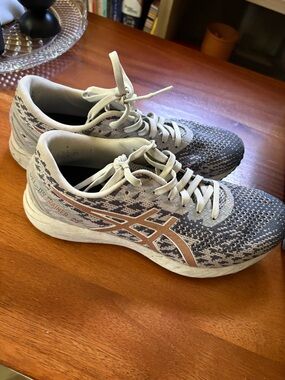 Asics Women's Gray and Rose Gold Knit Running Shoes